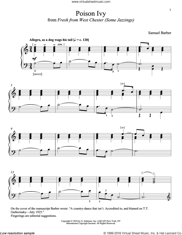 Poison Ivy sheet music for piano solo by Samuel Barber and Richard Walters, classical score, intermediate skill level