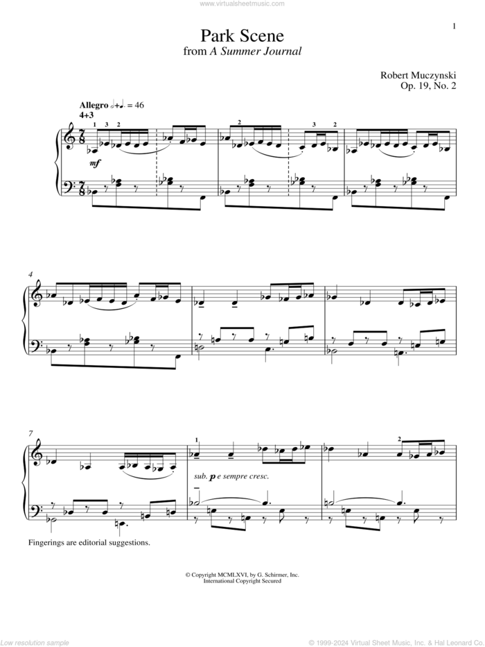 Park Scene sheet music for piano solo by Robert Muczynski and Richard Walters, classical score, intermediate skill level