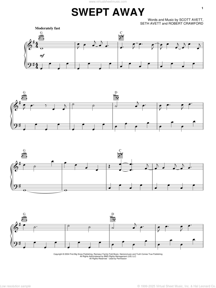 Swept Away sheet music for voice, piano or guitar by The Avett Brothers, Avett Brothers, Robert Crawford, Scott Avett and Seth Avett, intermediate skill level