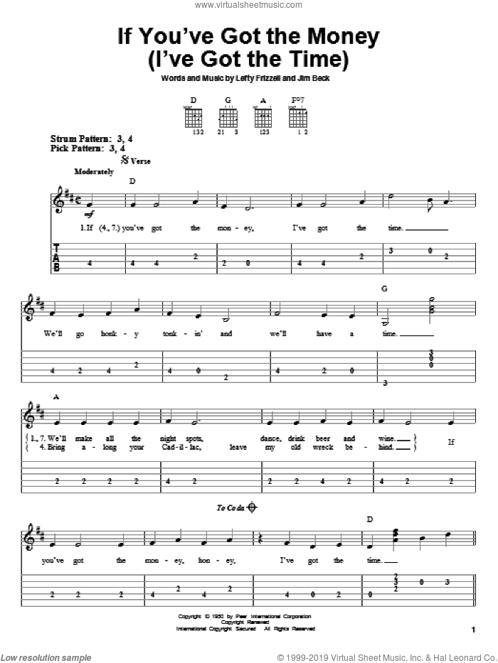 If You've Got The Money (I've Got The Time) sheet music for guitar solo (easy tablature) by Lefty Frizzell, Willie Nelson and Jim Beck, easy guitar (easy tablature)