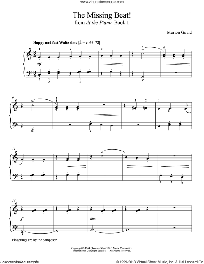 The Missing Beat sheet music for piano solo by Morton Gould and Richard Walters, classical score, intermediate skill level