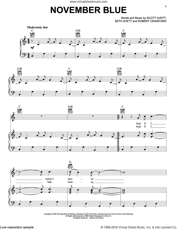 November Blue sheet music for voice, piano or guitar by The Avett Brothers, Avett Brothers, Robert Crawford, Scott Avett and Seth Avett, intermediate skill level
