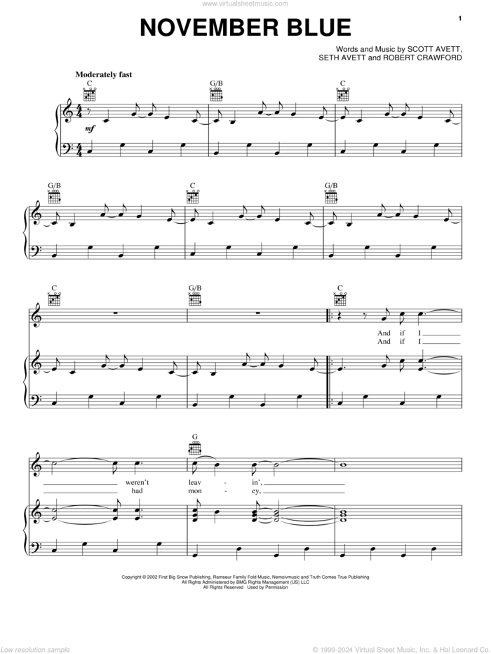 November Blue sheet music for voice, piano or guitar by The Avett Brothers, Avett Brothers, Robert Crawford, Scott Avett and Seth Avett, intermediate skill level