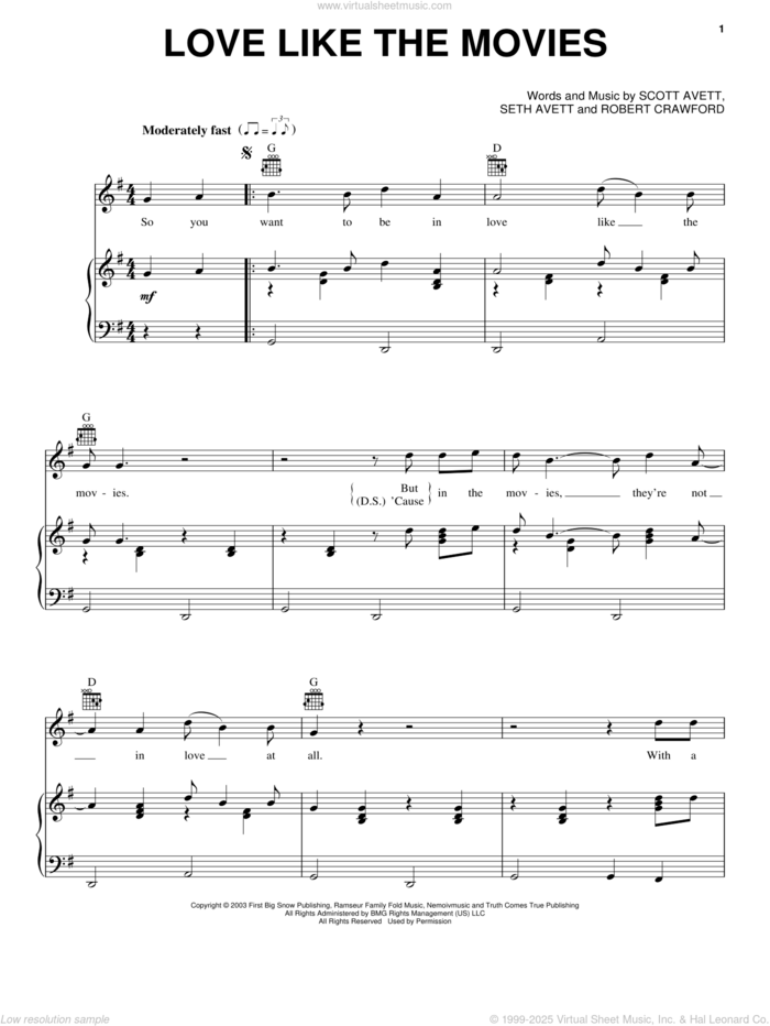 Love Like The Movies sheet music for voice, piano or guitar by The Avett Brothers, Avett Brothers, Robert Crawford, Scott Avett and Seth Avett, intermediate skill level