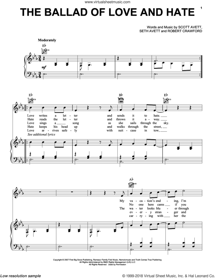 The Ballad Of Love And Hate sheet music for voice, piano or guitar by The Avett Brothers, Avett Brothers, Robert Crawford, Scott Avett and Seth Avett, intermediate skill level