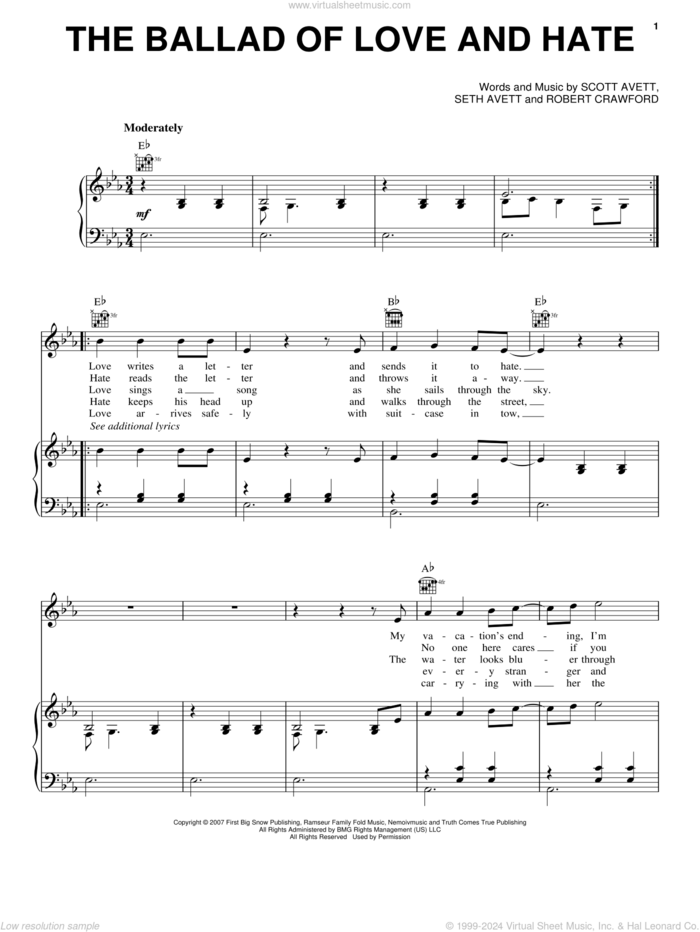 The Ballad Of Love And Hate sheet music for voice, piano or guitar by The Avett Brothers, Avett Brothers, Robert Crawford, Scott Avett and Seth Avett, intermediate skill level