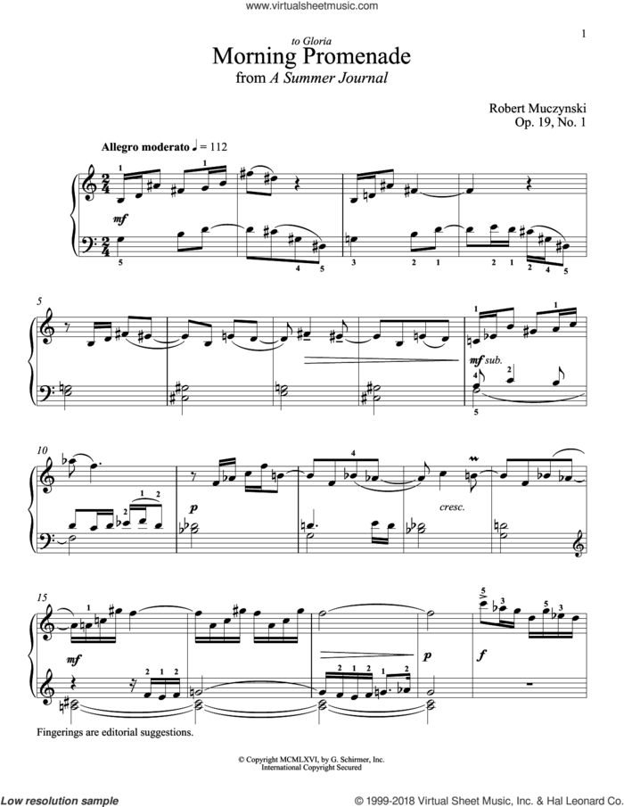 Morning Promenade sheet music for piano solo by Robert Muczynski and Richard Walters, classical score, intermediate skill level