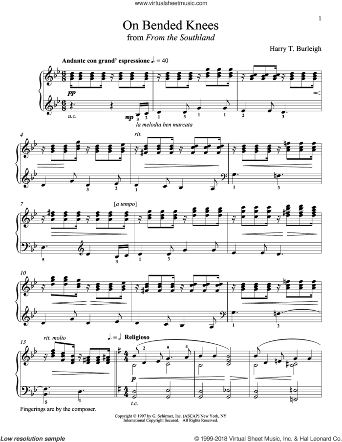 On Bended Knees sheet music for piano solo by Harry T. Burleigh and Richard Walters, classical score, intermediate skill level