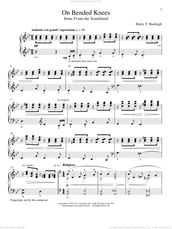 On Bended Knees sheet music for piano solo by Harry T. Burleigh and Richard Walters, classical score, intermediate skill level