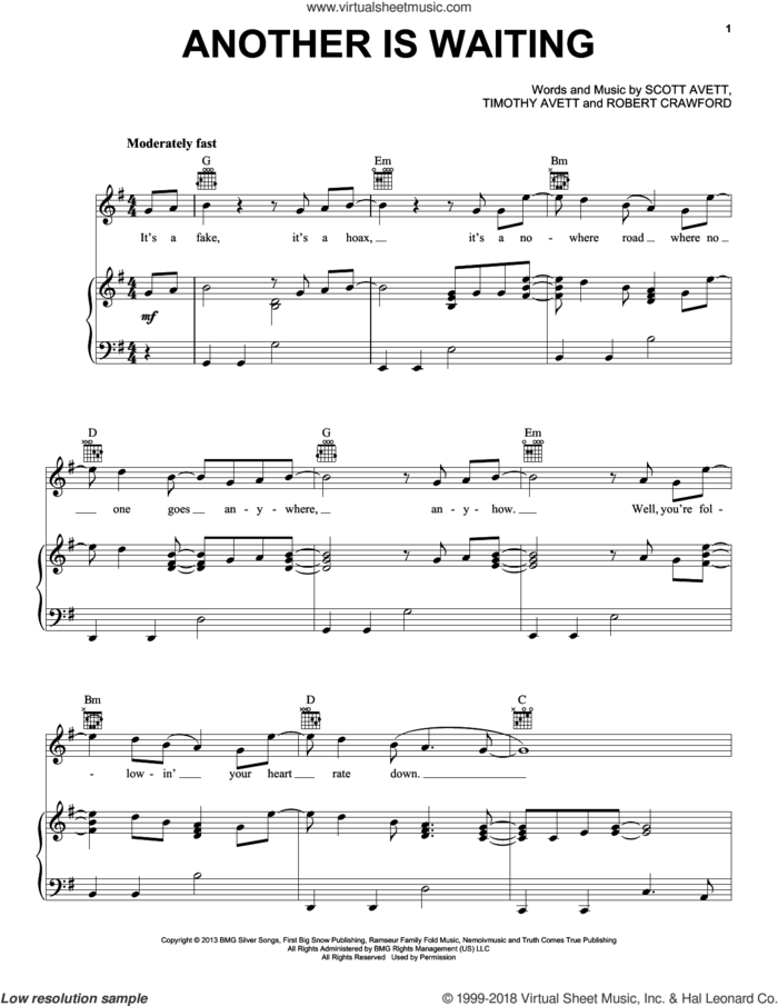 Another Is Waiting sheet music for voice, piano or guitar by The Avett Brothers, Avett Brothers, Robert Crawford, Scott Avett and Timothy Avett, intermediate skill level