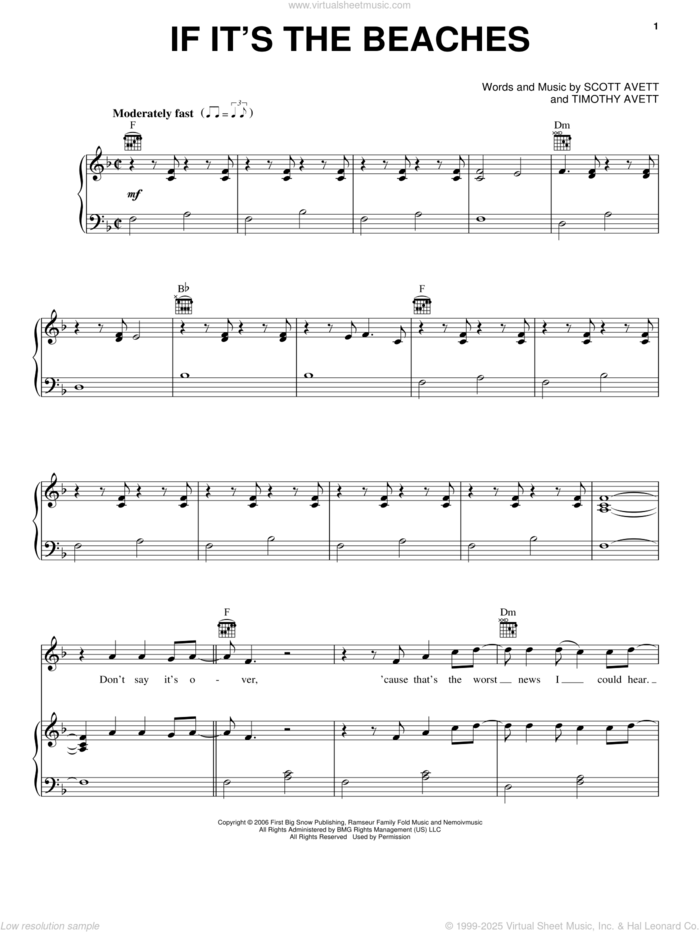 If It's The Beaches sheet music for voice, piano or guitar by The Avett Brothers, Avett Brothers, Scott Avett and Timothy Avett, intermediate skill level