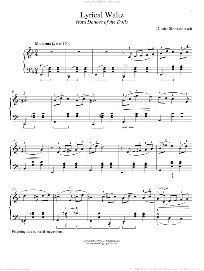 Lyrical Waltz sheet music for piano solo by Dmitri Shostakovich and Richard Walters, classical score, intermediate skill level