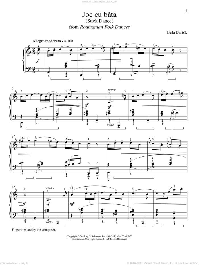 Joc cu bata sheet music for piano solo by Bela Bartok, Richard Walters and Bela Bartok, classical score, intermediate skill level