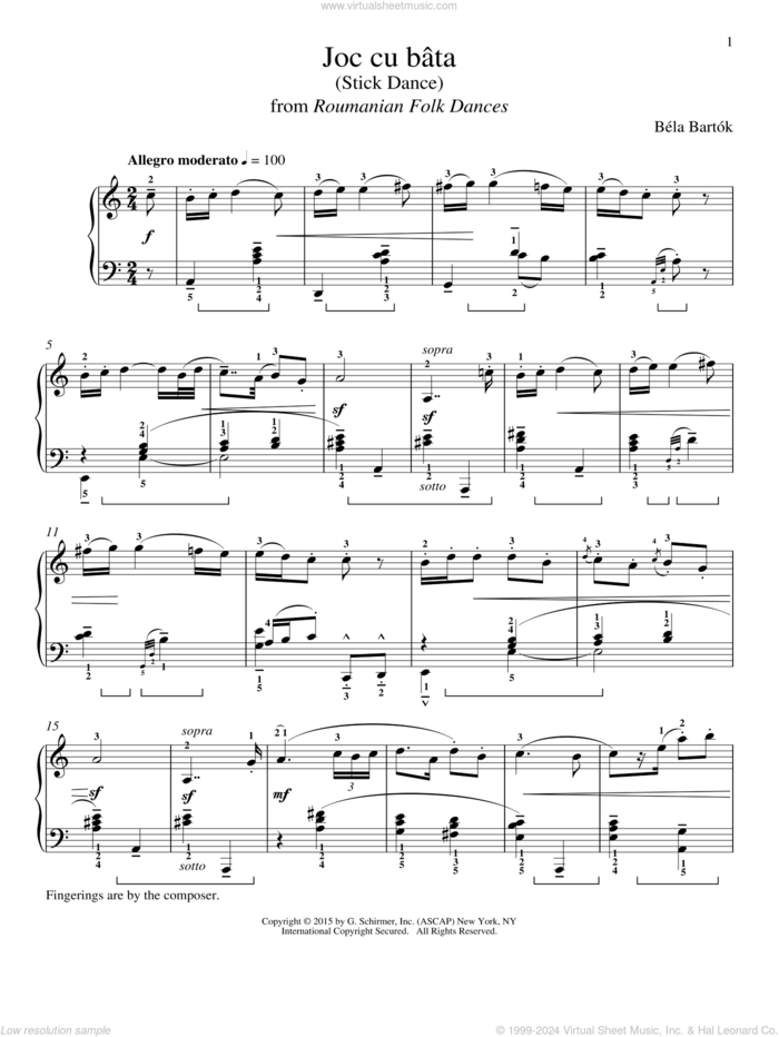 Joc cu bata sheet music for piano solo by Bela Bartok, Richard Walters and Bela Bartok, classical score, intermediate skill level