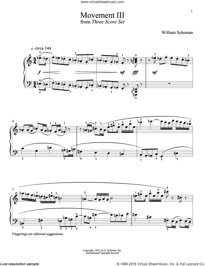 Movement III sheet music for piano solo by William Schuman and Richard Walters, classical score, intermediate skill level