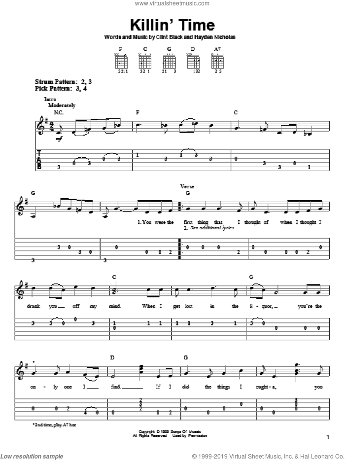 Killin' Time sheet music for guitar solo (easy tablature) by Clint Black and James Hayden Nicholas, easy guitar (easy tablature)