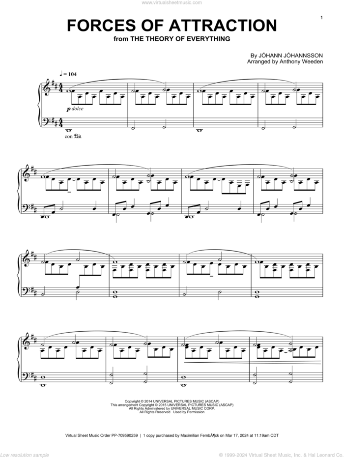 Forces Of Attraction sheet music for piano solo by Johann Johannsson, intermediate skill level
