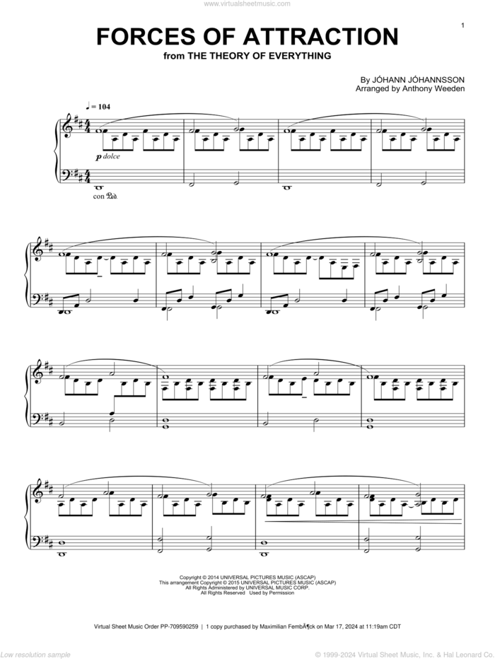 Forces Of Attraction (from The Theory Of Everything) sheet music for piano solo by Johann Johannsson, intermediate skill level