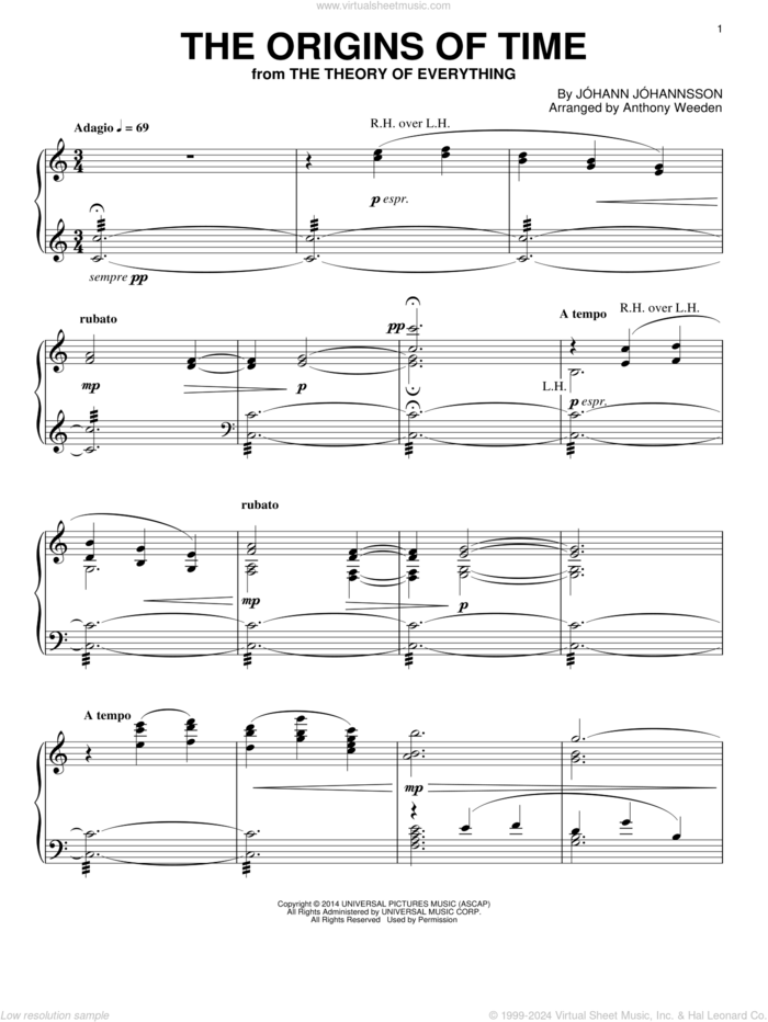 The Origins Of Time sheet music for piano solo by Johann Johannsson, intermediate skill level