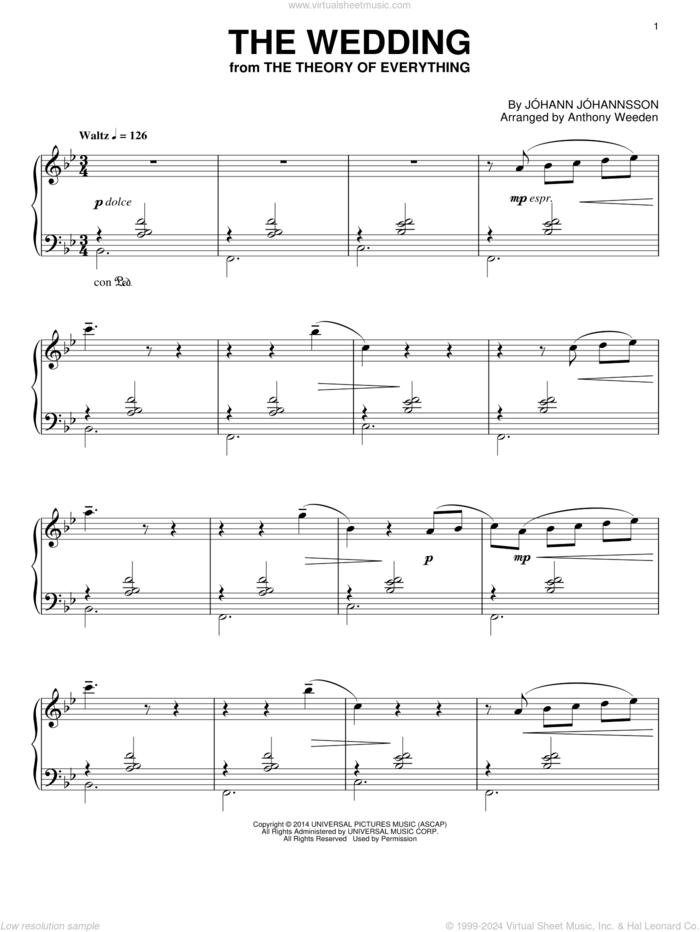 The Wedding (from The Theory Of Everything) sheet music for piano solo by Johann Johannsson, intermediate skill level
