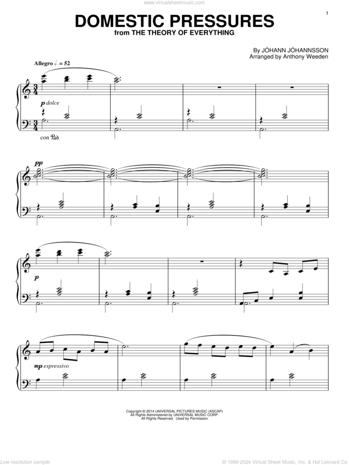 Domestic Pressures (from The Theory Of Everything) sheet music for piano solo by Johann Johannsson, intermediate skill level