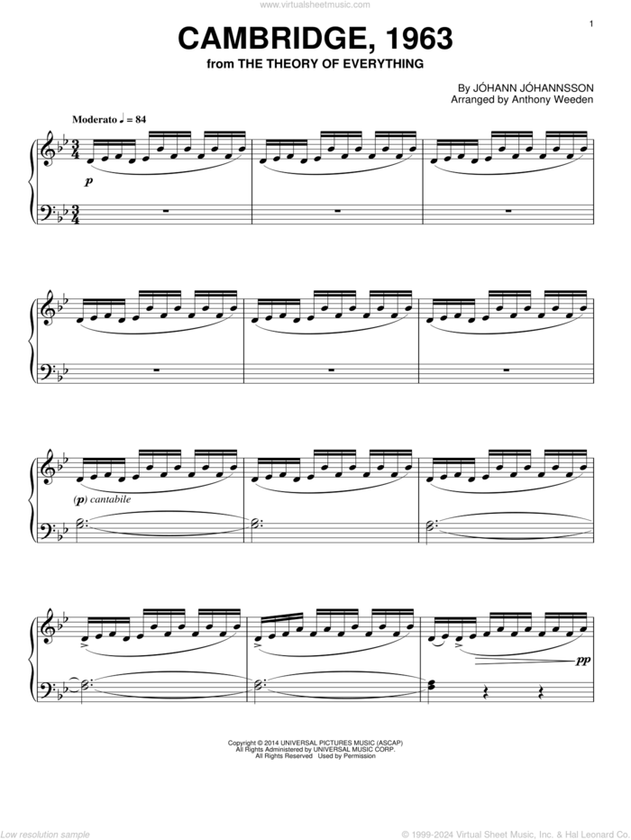 Cambridge, 1963 sheet music for piano solo by Johann Johannsson, intermediate skill level