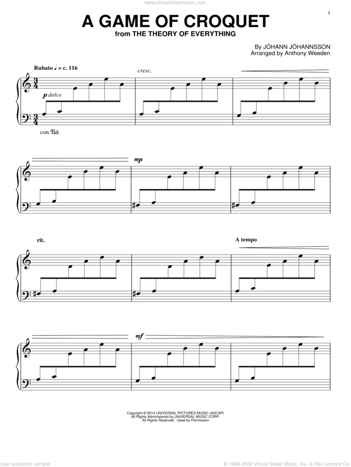 A Game Of Croquet (from The Theory Of Everything) sheet music for piano solo by Johann Johannsson, intermediate skill level