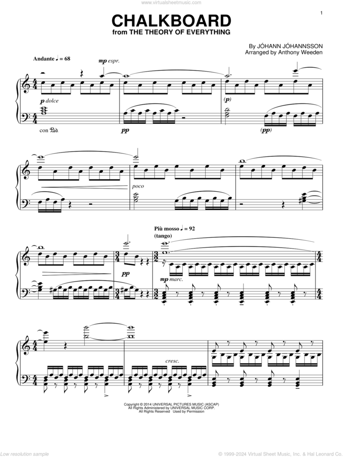 Chalkboard sheet music for piano solo by Johann Johannsson, intermediate skill level
