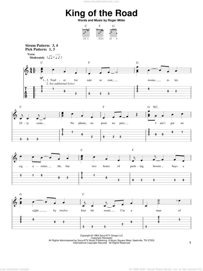 King Of The Road sheet music for guitar solo (easy tablature) by Roger Miller, easy guitar (easy tablature)
