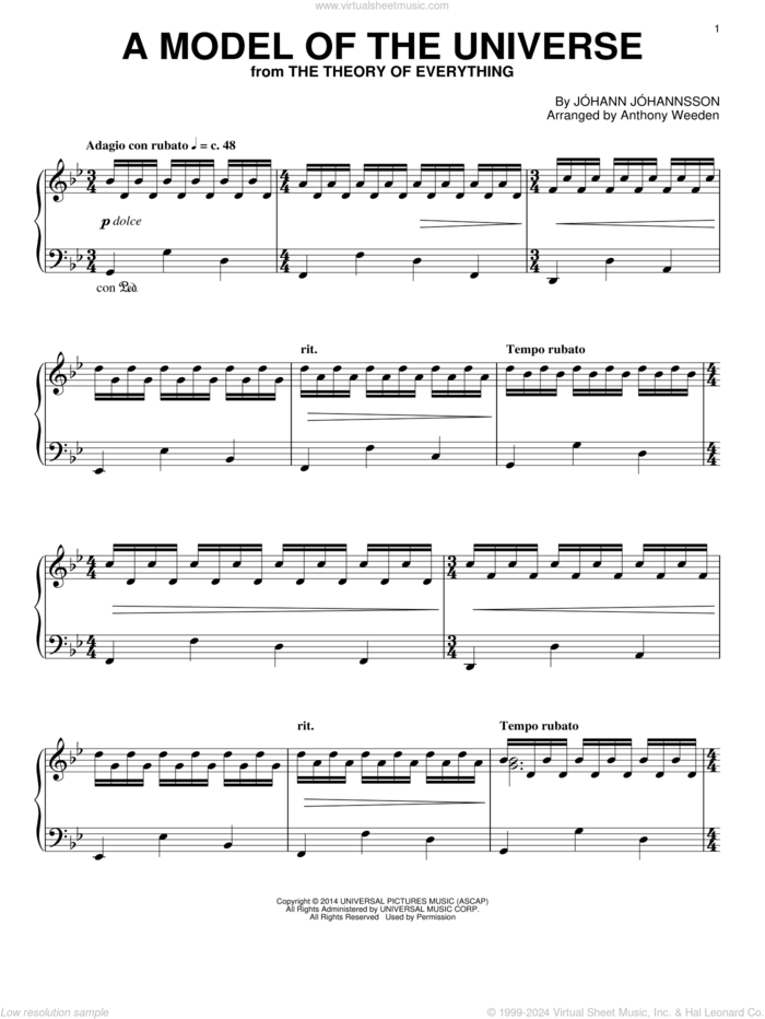 A Model Of The Universe sheet music for piano solo by Johann Johannsson, intermediate skill level