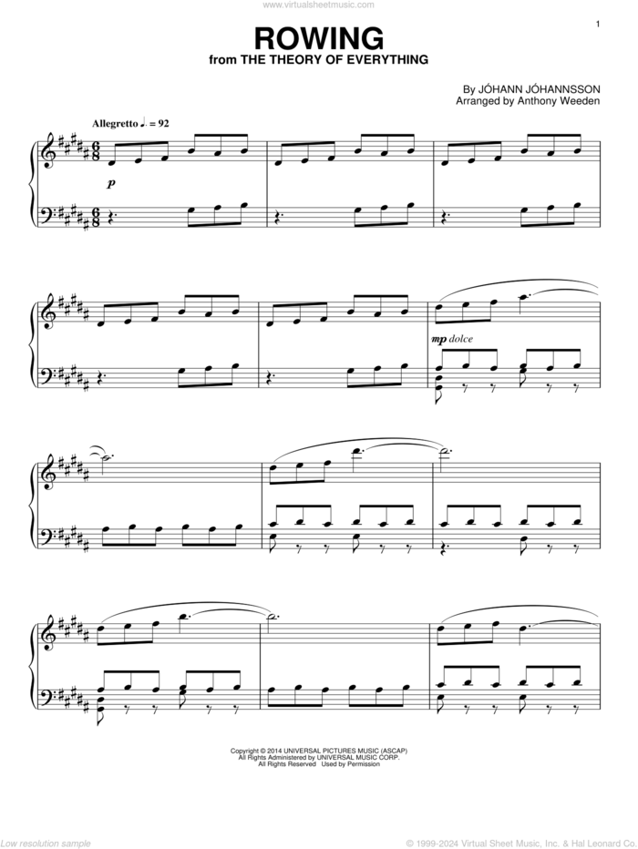 Rowing sheet music for piano solo by Johann Johannsson, intermediate skill level