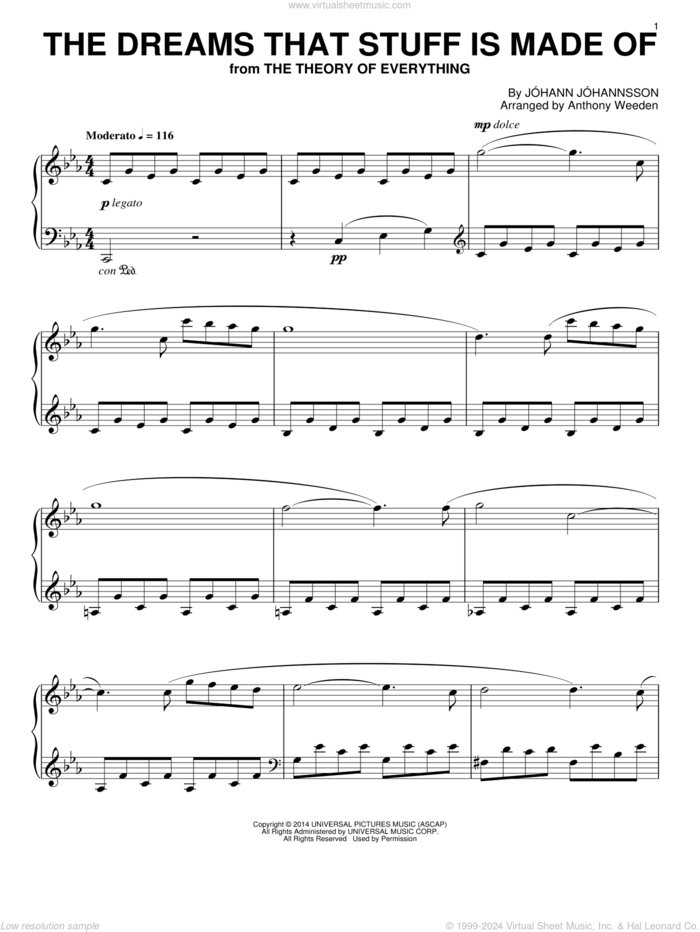 The Dreams That Stuff Is Made Of (from The Theory Of Everything) sheet music for piano solo by Johann Johannsson, intermediate skill level