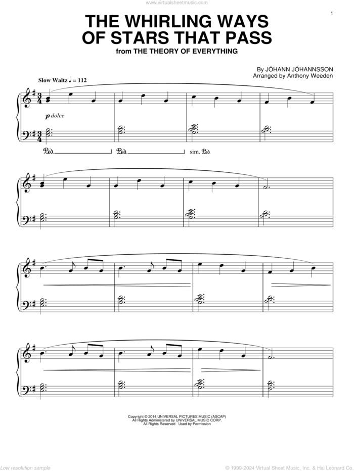 The Whirling Ways Of Stars That Pass (from The Theory Of Everything) sheet music for piano solo by Johann Johannsson, intermediate skill level