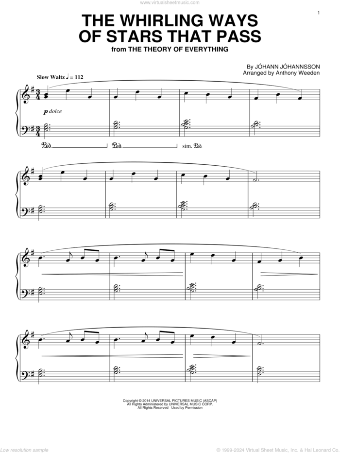 The Whirling Ways Of Stars That Pass (from The Theory Of Everything) sheet music for piano solo by Johann Johannsson, intermediate skill level