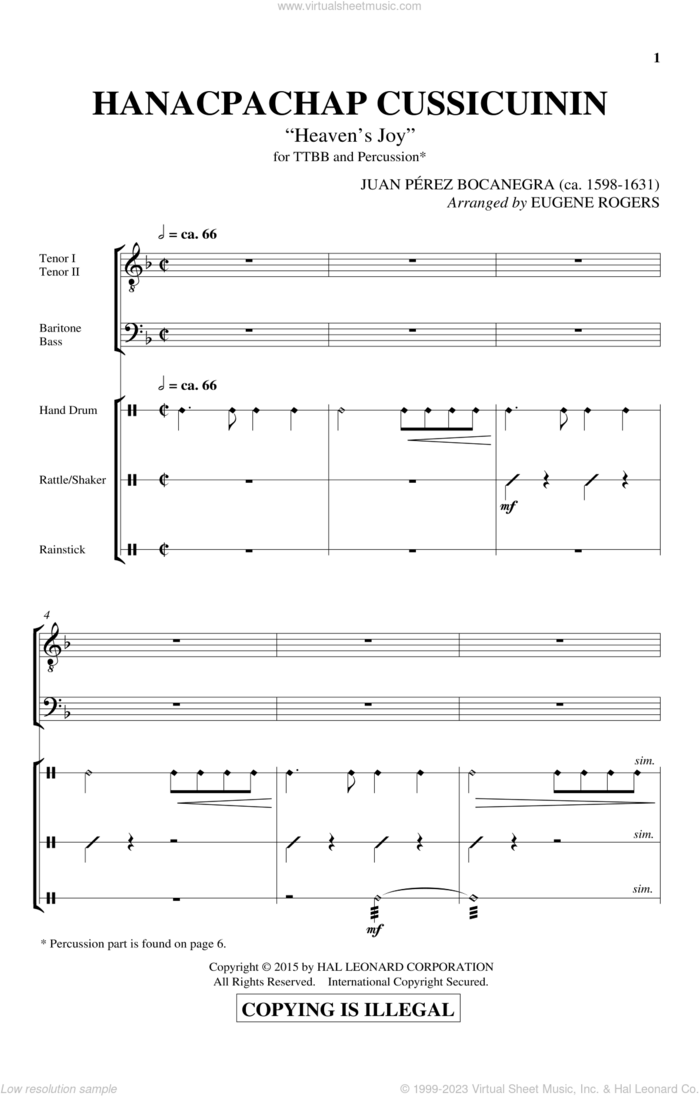 Hanacpachap Cussicuinin sheet music for choir (TTBB: tenor, bass) by E Rogers and Eugene Rogers, intermediate skill level