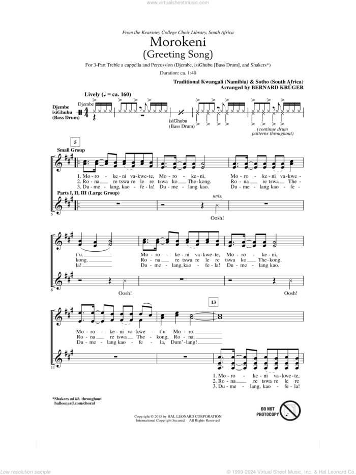 Morokeni (Welcome Song) sheet music for choir (3-Part Treble) by Bernard Kruger and Sotho (South Africa), intermediate skill level