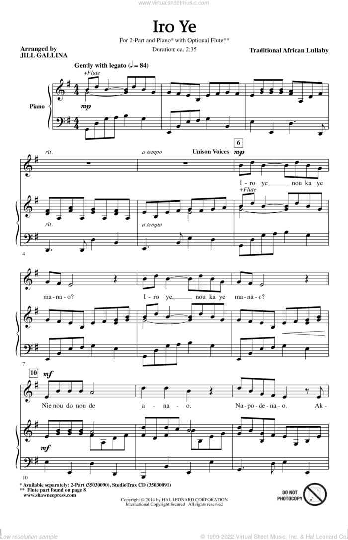 Iro Ye (arr. Jill Gallina) sheet music for choir (2-Part) by Traditional African Lullaby and Jill Gallina, intermediate duet
