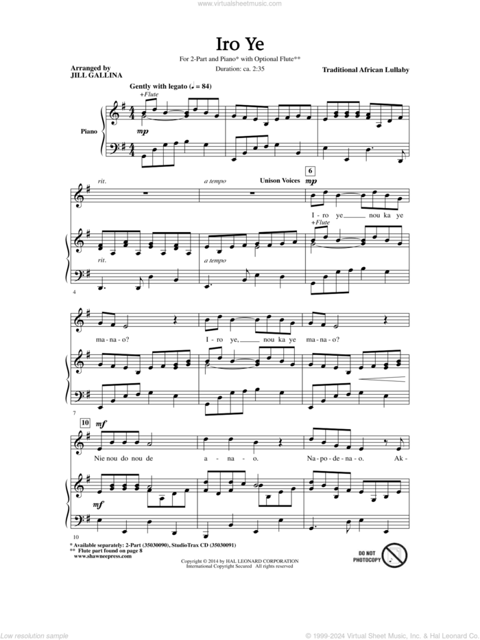 Iro Ye (arr. Jill Gallina) sheet music for choir (2-Part) by Traditional African Lullaby and Jill Gallina, intermediate duet