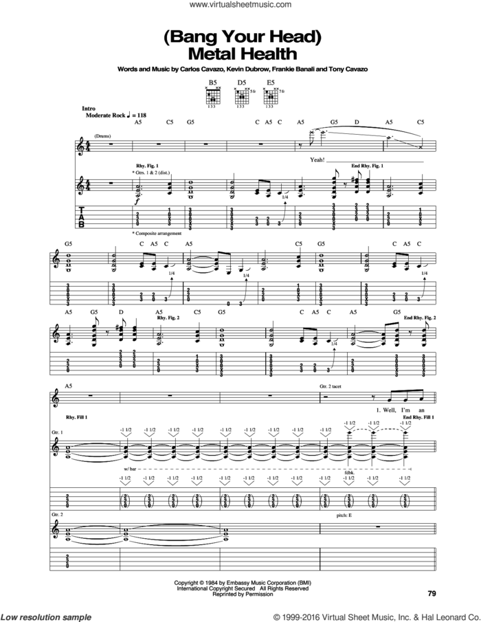 (Bang Your Head) Metal Health sheet music for guitar (tablature) by Quiet Riot, Carlos Cavazo, Frankie Banali, Kevin Dubrow and Tony Cavazo, intermediate skill level