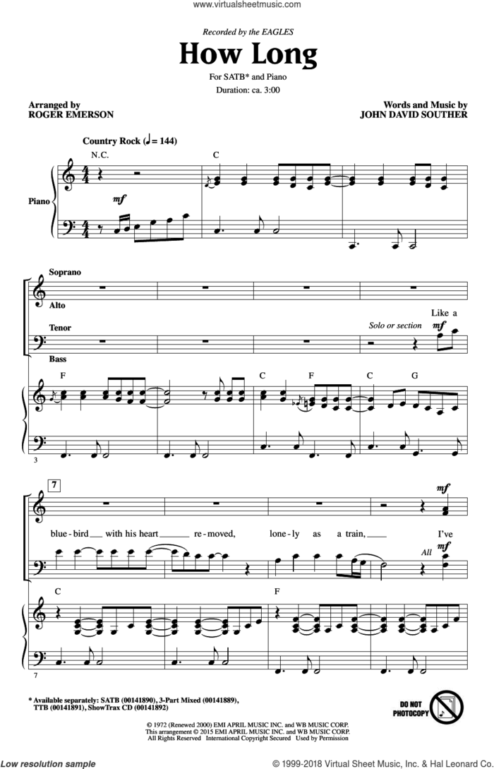 How Long sheet music for choir (SATB: soprano, alto, tenor, bass) by John David Souther, Roger Emerson and The Eagles, intermediate skill level