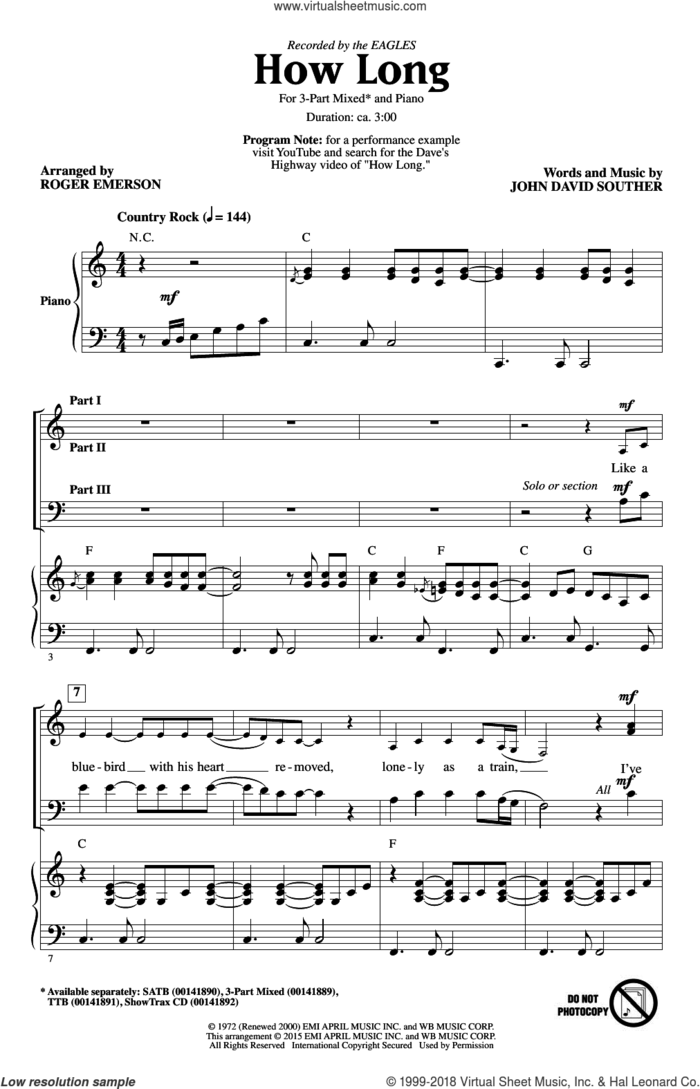 How Long sheet music for choir (3-Part Mixed) by John David Souther, Roger Emerson and The Eagles, intermediate skill level