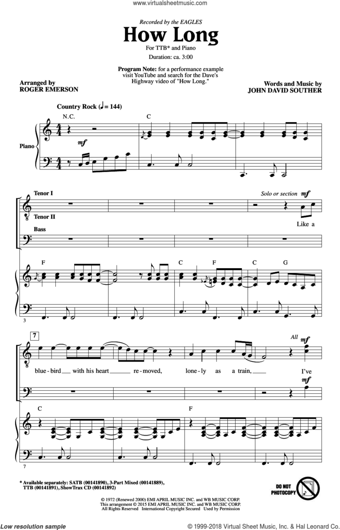 How Long sheet music for choir (TTBB: tenor, bass) by John David Souther, Roger Emerson and The Eagles, intermediate skill level