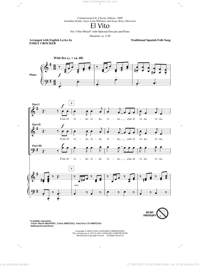 El Vito sheet music for choir (3-Part Mixed) by Emily Crocker, intermediate skill level