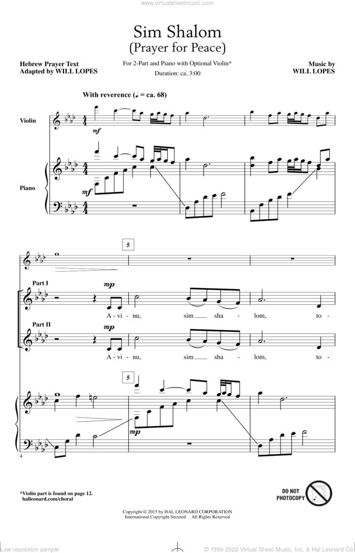 Sim Shalom sheet music for choir (2-Part) by Will Lopes, intermediate duet