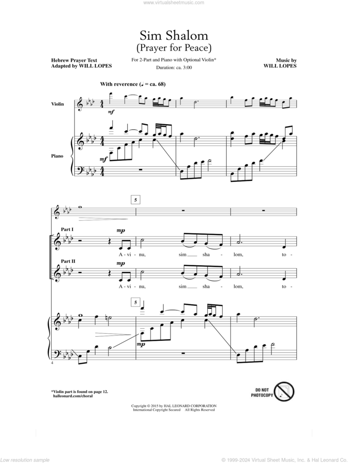 Sim Shalom sheet music for choir (2-Part) by Will Lopes, intermediate duet