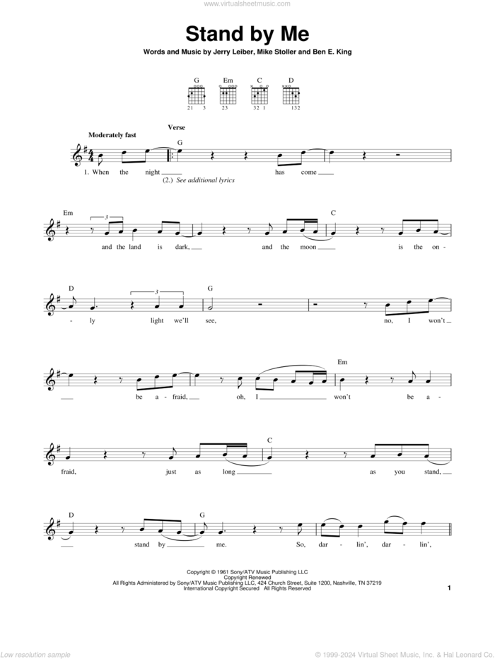 Stand By Me sheet music for guitar solo (chords) by Ben E. King, Mickey Gilley, Jerry Leiber and Mike Stoller, easy guitar (chords)