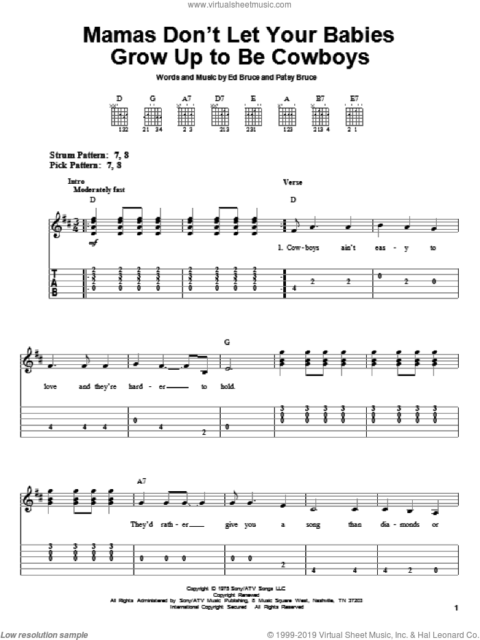 Mammas Don't Let Your Babies Grow Up To Be Cowboys sheet music for guitar solo (easy tablature) by Ed Bruce, Waylon Jennings, Willie Nelson and Patsy Bruce, easy guitar (easy tablature)