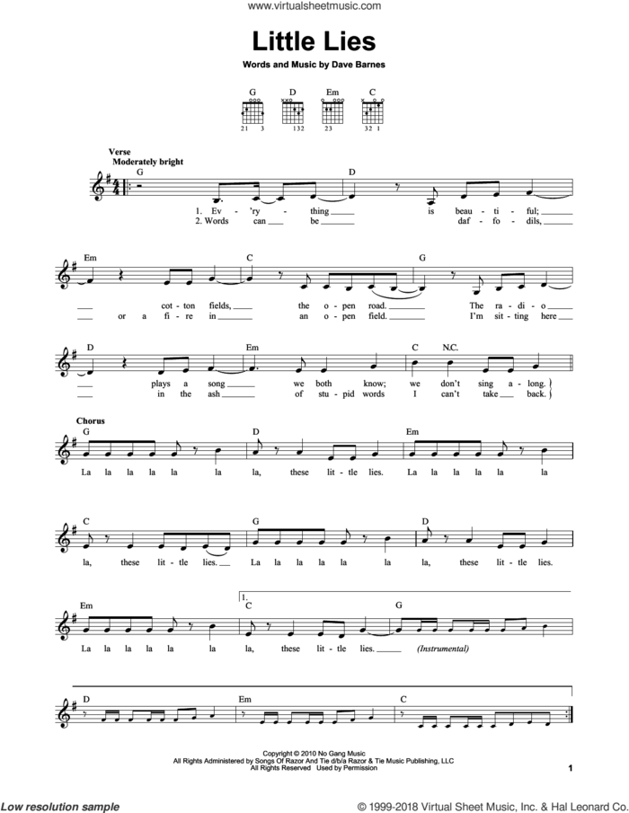 Little Lies sheet music for guitar solo (chords) by Dave Barnes, easy guitar (chords)