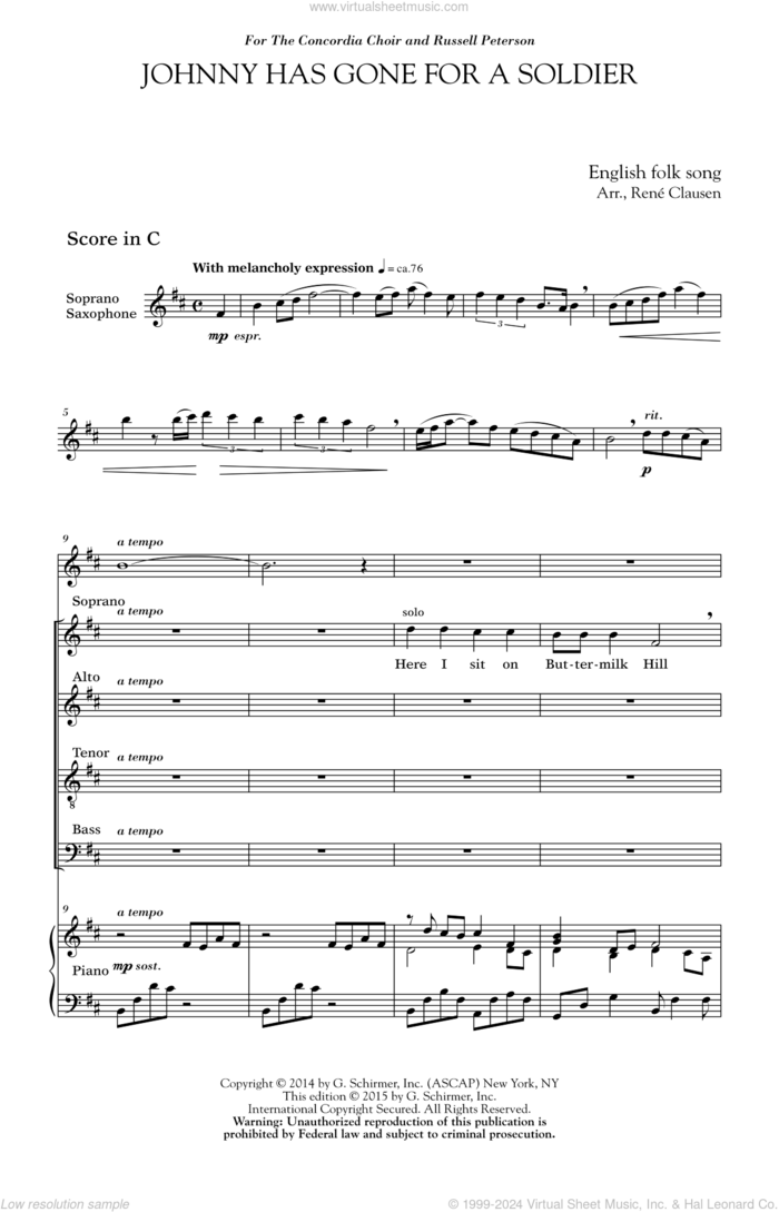 Johnny Has Gone For A Soldier sheet music for choir (SATB: soprano, alto, tenor, bass) by René Clausen and Rene Clausen, intermediate skill level