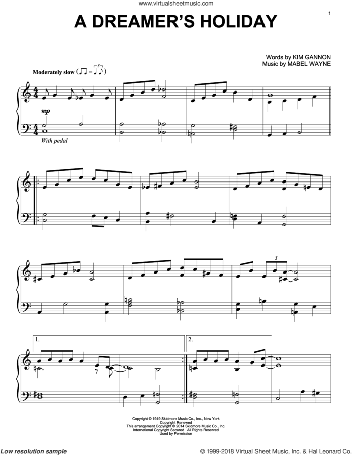 A Dreamer's Holiday sheet music for piano solo by Perry Como, Kim Gannon and Mabel Wayne, intermediate skill level